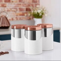 Tower Set Of 3 Linear White And Rose Gold Kitchen Canisters -ELEND SHOP 1000168505 alt03