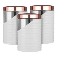 Tower Set Of 3 Linear White And Rose Gold Kitchen Canisters
