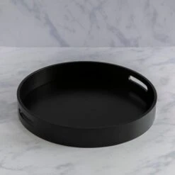Wooden Round Black Tray With Handles