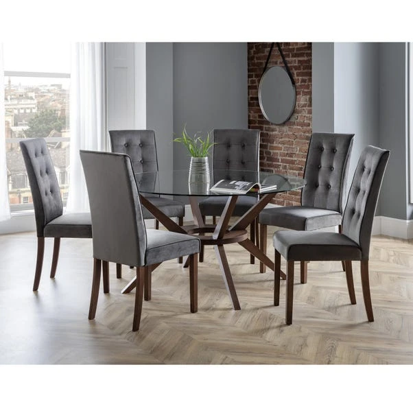 Chelsea 6 Seater Round Large Dining Table With 6 Madrid Chairs, Brown Glass 1 Chelsea 6 Seater Round Large Dining Table With 6 Madrid Chairs, Brown Glass