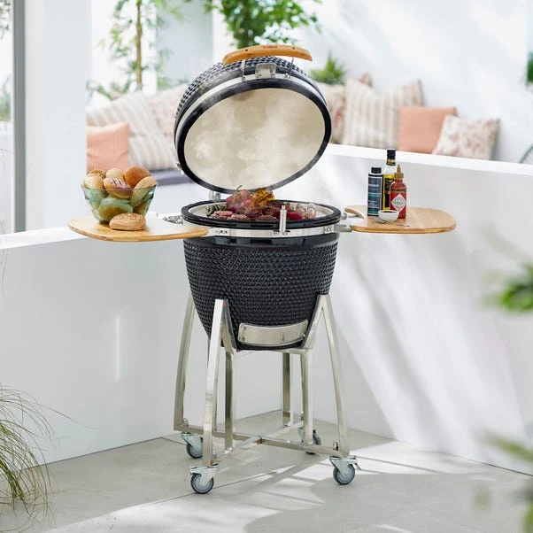 Tower Kamado XL Ceramic Charcoal BBQ With Wooden Shelves, Black 1 Tower Kamado XL Ceramic Charcoal BBQ With Wooden Shelves, Black