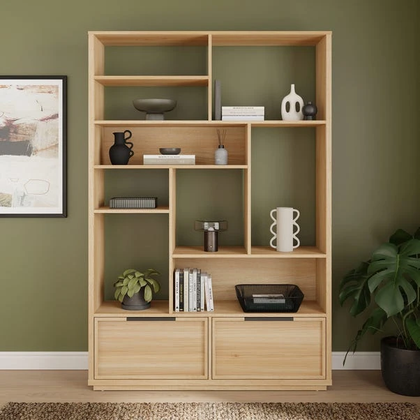 Hardy Wide Bookcase With 2 Drawers, Oak Effect 1 Hardy Wide Bookcase With 2 Drawers, Oak Effect