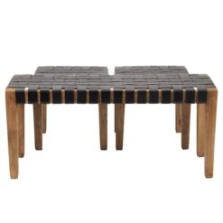 Pacific 2 Seater Claudio Leather Bench And Stools Set, Mango Wood -ELEND SHOP 30907191 alt02