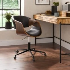 Modena Walnut Effect Office Chair, Black Faux Leather