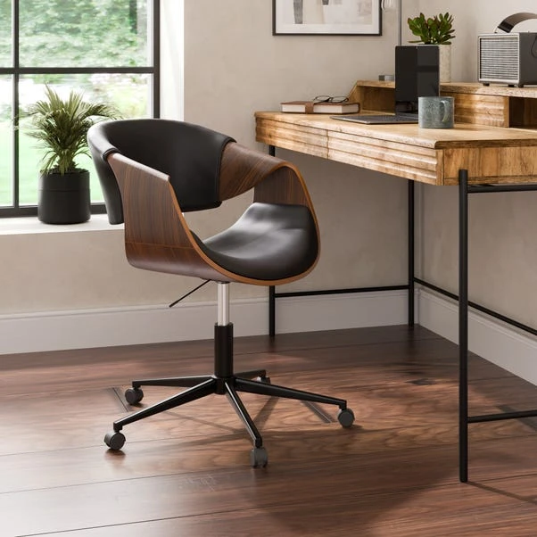 Modena Walnut Effect Office Chair, Black Faux Leather 1 Modena Walnut Effect Office Chair, Black Faux Leather