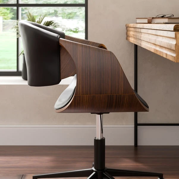 Modena Walnut Effect Office Chair, Black Faux Leather 4 Modena Walnut Effect Office Chair, Black Faux Leather - Image 4