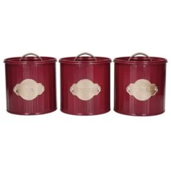 KitchenCraft Set Of 3 Burgundy Airtight Tea, Coffee And Sugar Canisters