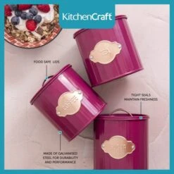 KitchenCraft Set Of 3 Burgundy Airtight Tea, Coffee And Sugar Canisters -ELEND SHOP 30957817 alt02