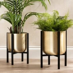 Gold Metal Plant Pot With Black Stand -ELEND SHOP 30958136 alt06